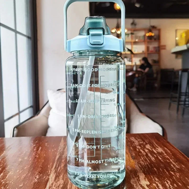 2L Portable Water Bottle with Straw and Time Markings for Fitness and Sports