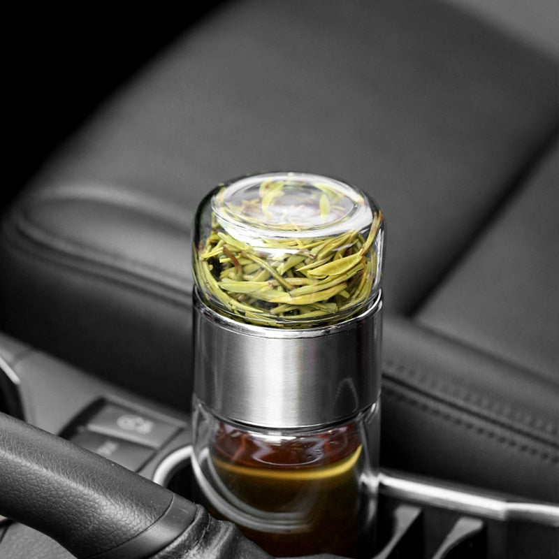 Double Wall Glass Tea Bottle Leakproof Travel Drink Flask