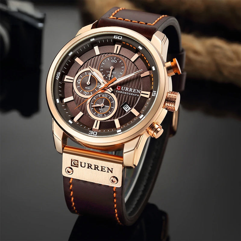 Mens Chronograph Watch Quartz Leather Strap Waterproof Analog Timepiece