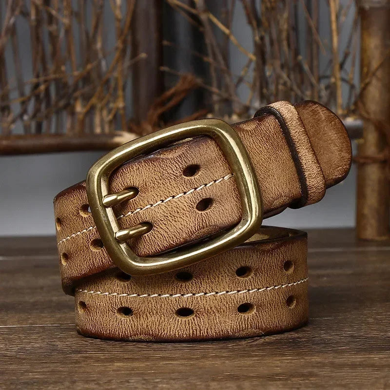 Men's Genuine Cowhide Leather Belt Double Brass Buckle