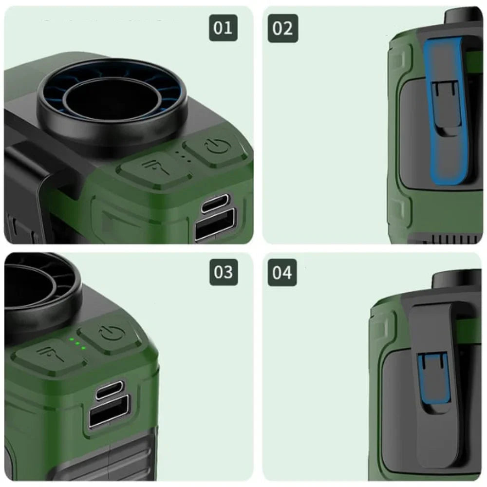 Portable Waist Fan Power Bank Flashlight for Outdoor Use