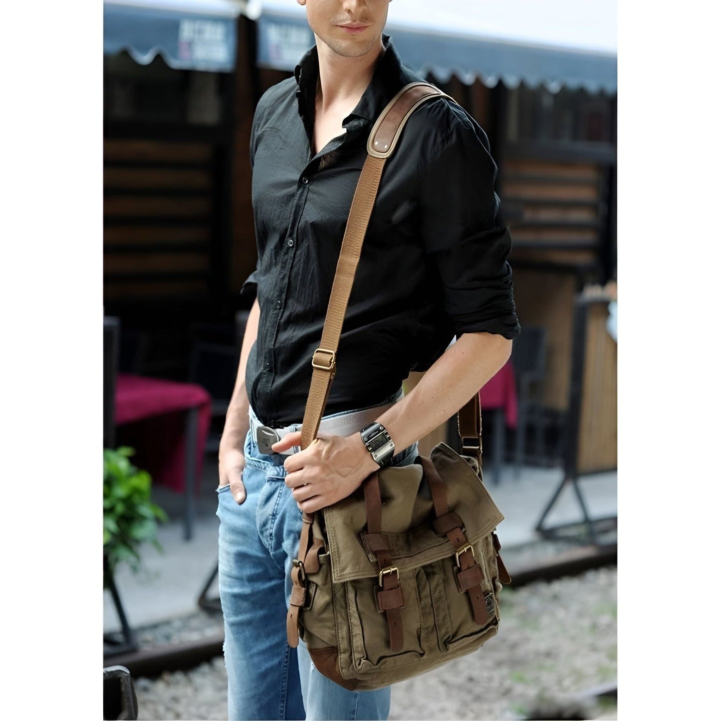 Vexopia – Men’s Vintage Canvas Messenger Bag with PU Leather Accents