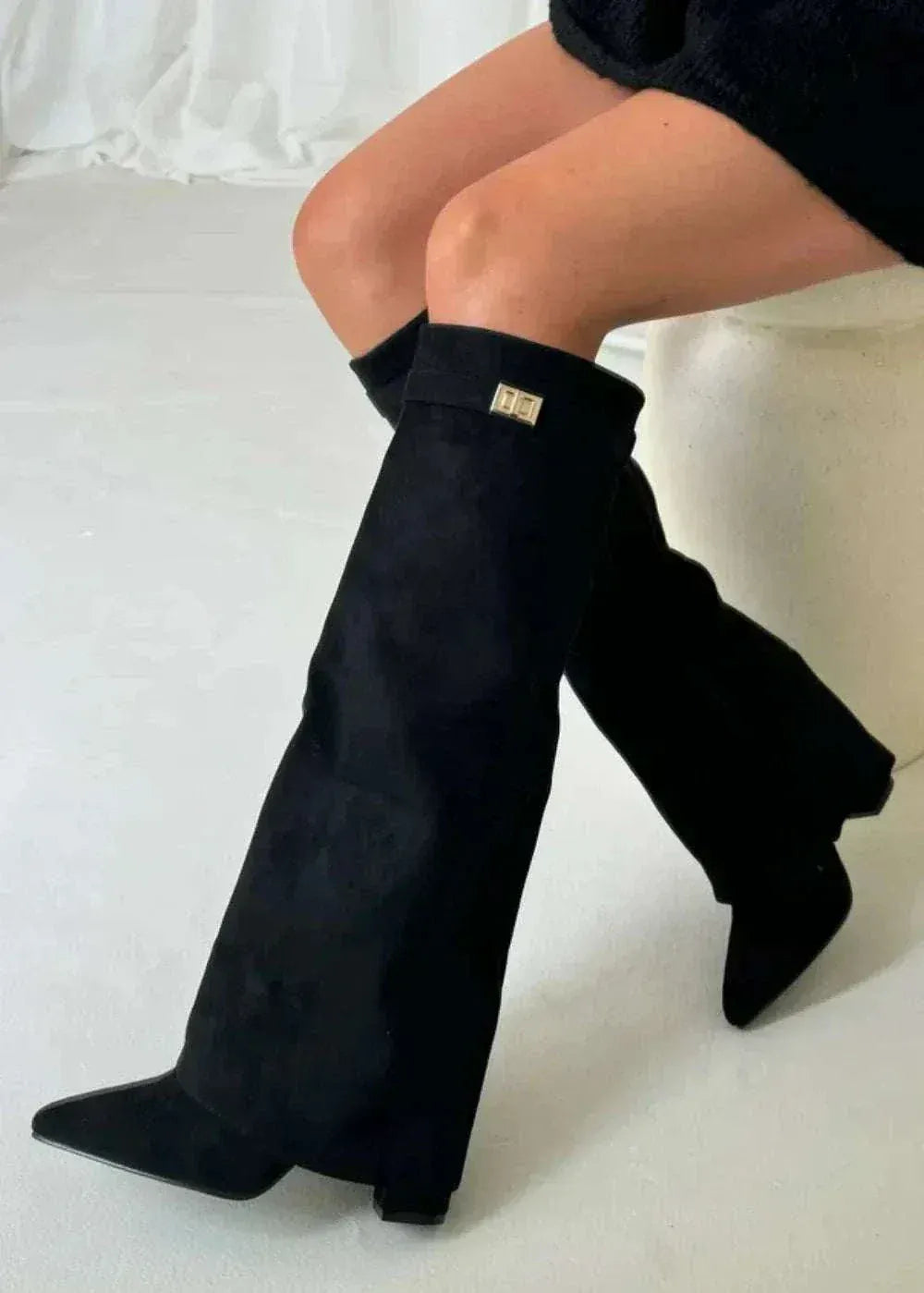 Women Knee High Boots Block Heel Leather Suede Elegant Boots