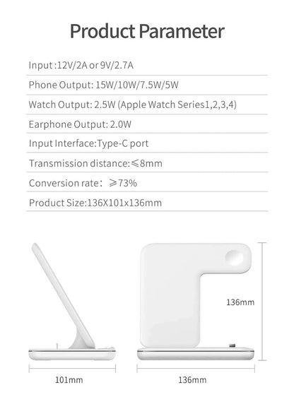 15W Wireless Charging Station for iPhone Apple Watch and AirPods