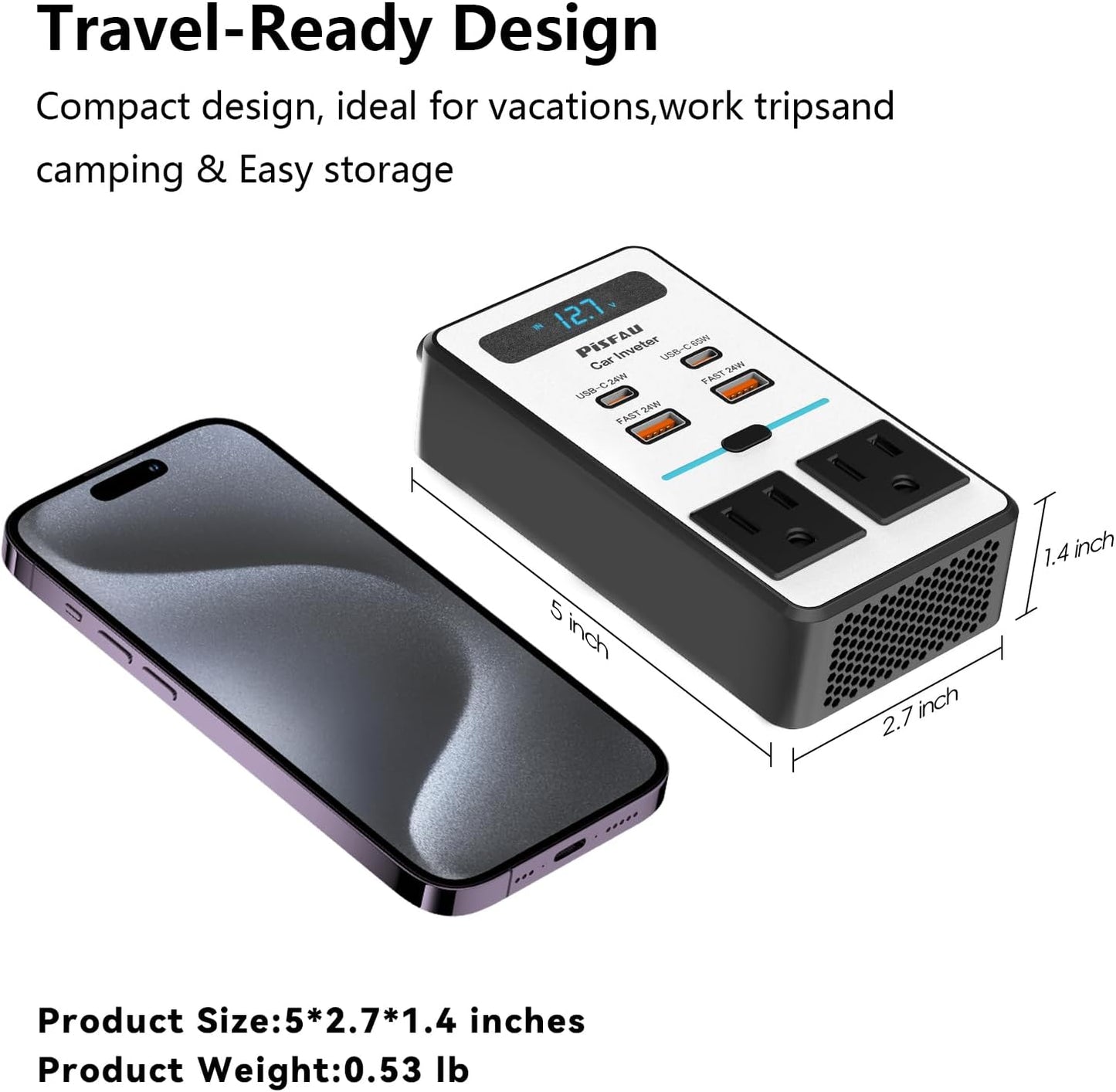 200W Car Power Inverter with USB-C Fast Charging Portable DC to AC Converter