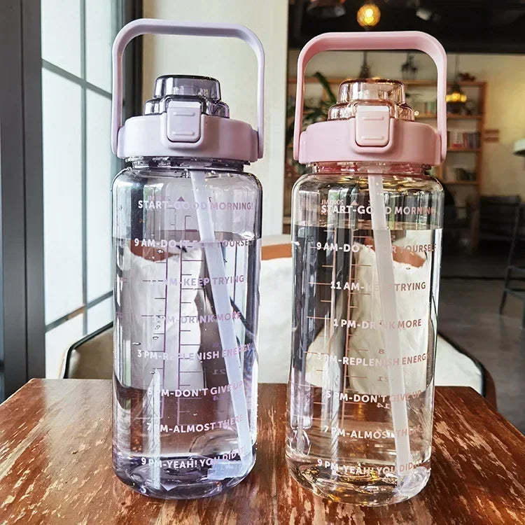 2L Portable Water Bottle with Straw and Time Markings for Fitness and Sports