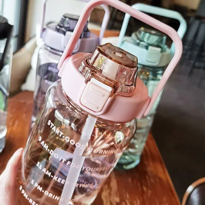 2L Portable Water Bottle with Straw and Time Markings for Fitness and Sports