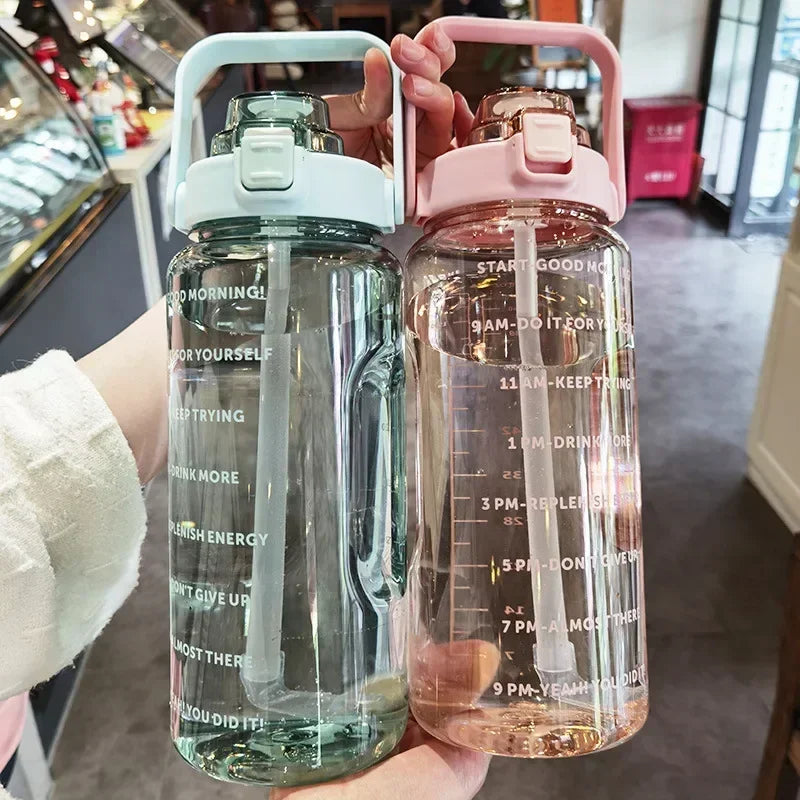2L Portable Water Bottle with Straw and Time Markings for Fitness and Sports