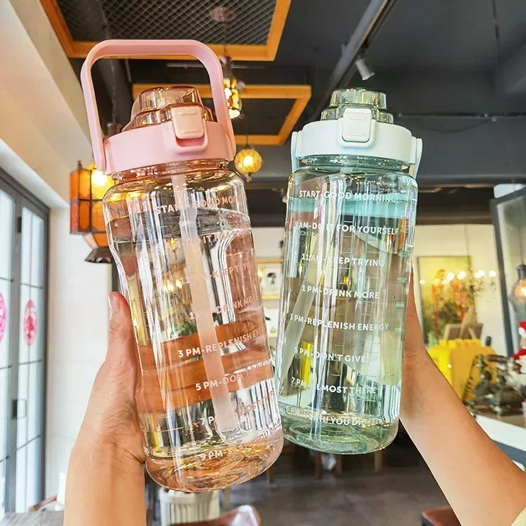 2L Portable Water Bottle with Straw and Time Markings for Fitness and Sports