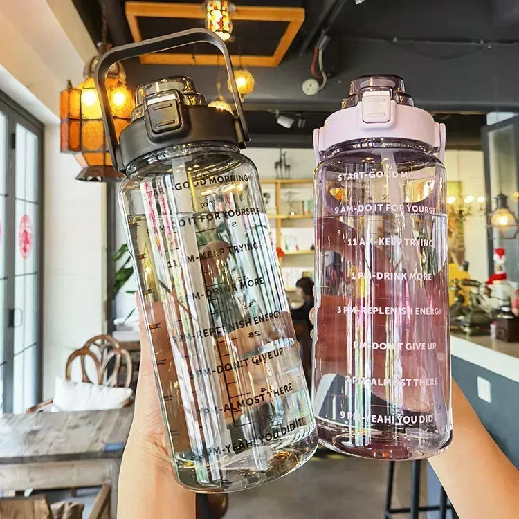 2L Portable Water Bottle with Straw and Time Markings for Fitness and Sports