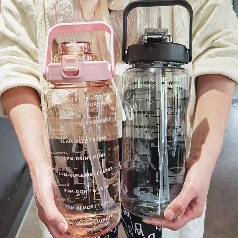 2L Portable Water Bottle with Straw and Time Markings for Fitness and Sports