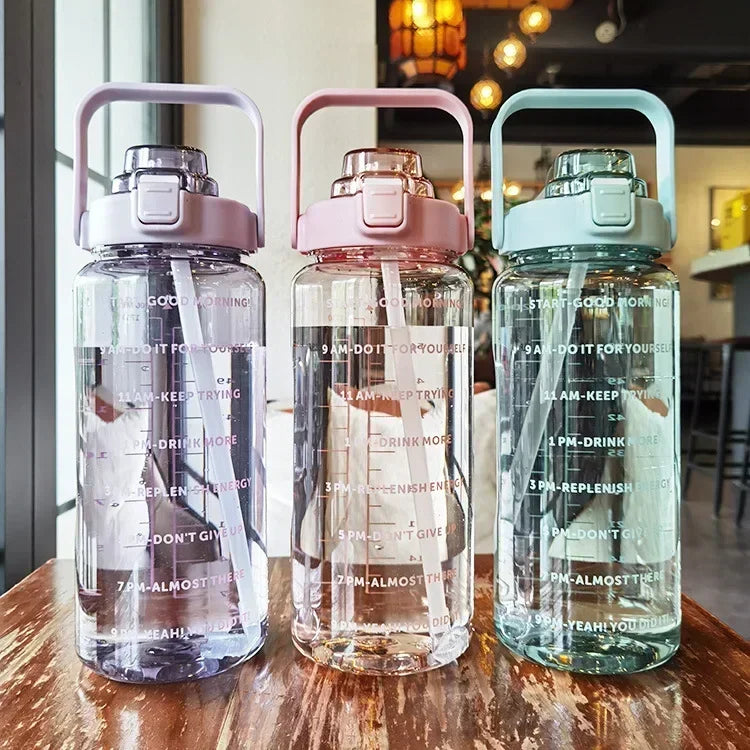 2L Portable Water Bottle with Straw and Time Markings for Fitness and Sports