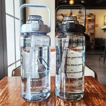 2L Portable Water Bottle with Straw and Time Markings for Fitness and Sports
