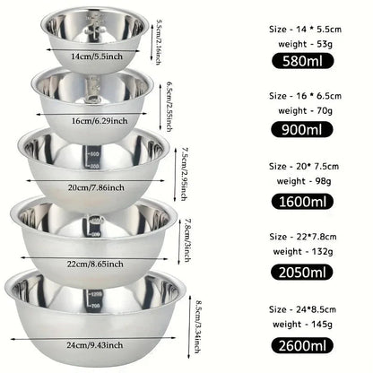 5 Piece Stainless Steel Mixing Bowl Set with Measuring Marks