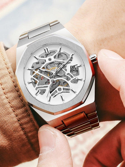 Automatic Mens Watch Stainless Steel Waterproof Skeleton Wristwatch
