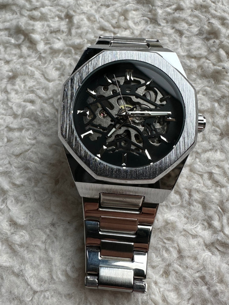 Automatic Mens Watch Stainless Steel Waterproof Skeleton Wristwatch