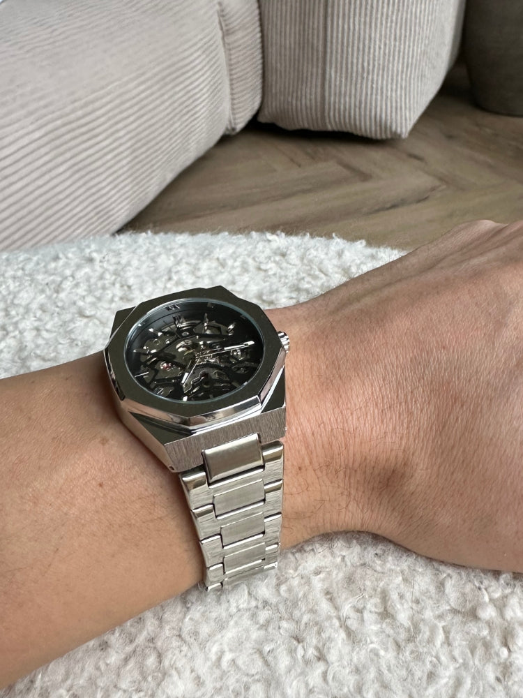 Automatic Mens Watch Stainless Steel Waterproof Skeleton Wristwatch