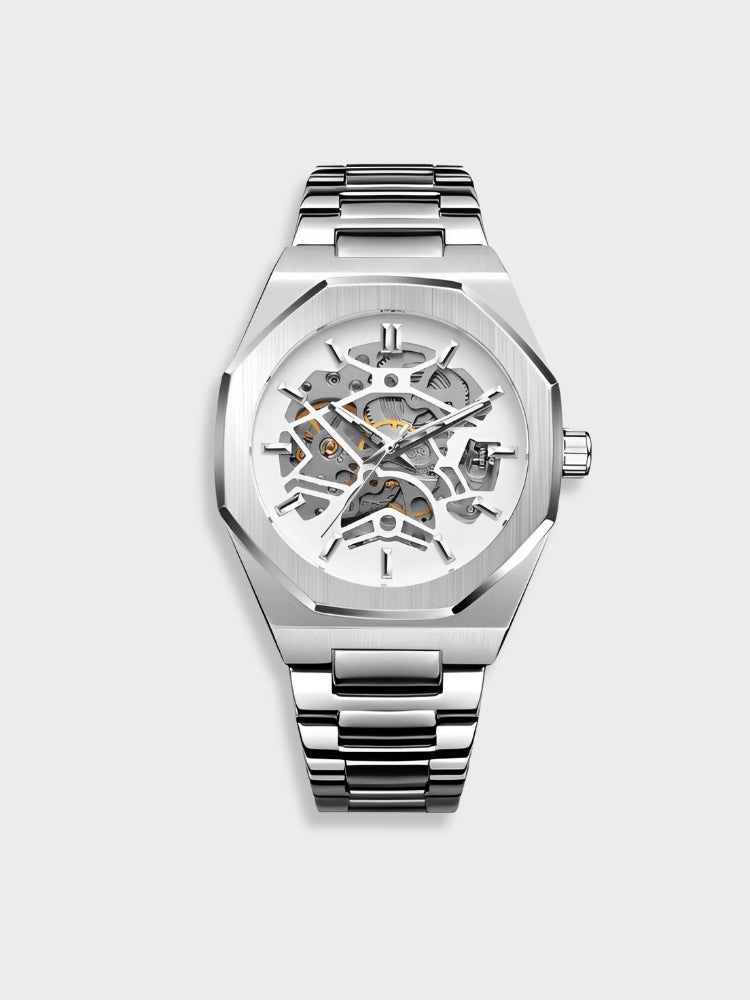 Automatic Mens Watch Stainless Steel Waterproof Skeleton Wristwatch