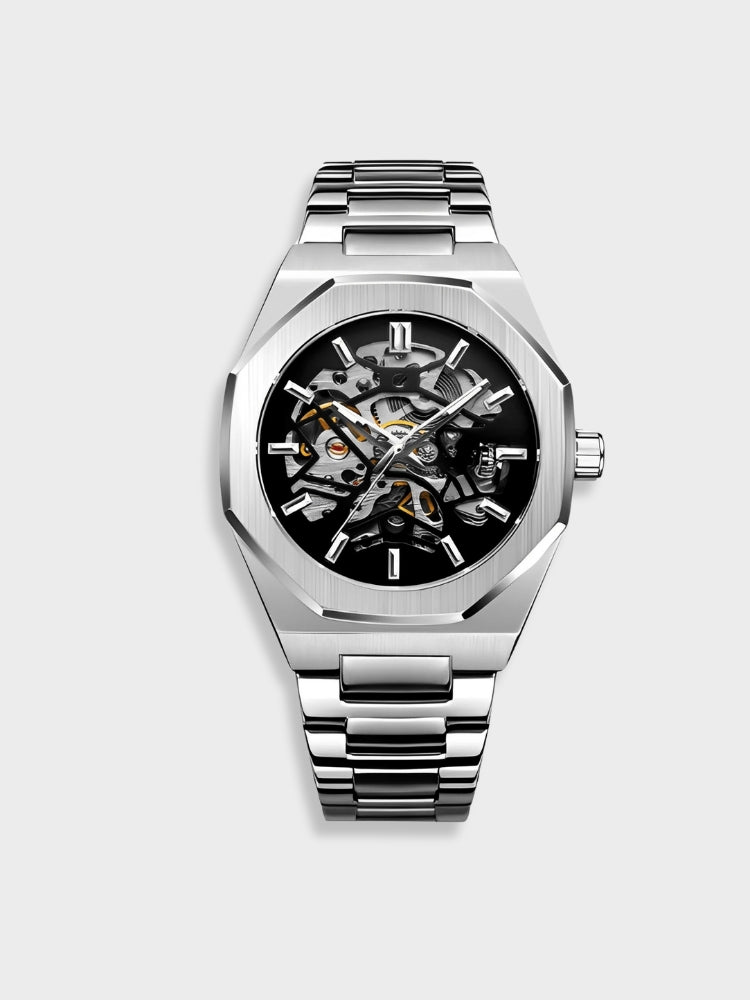 Automatic Mens Watch Stainless Steel Waterproof Skeleton Wristwatch