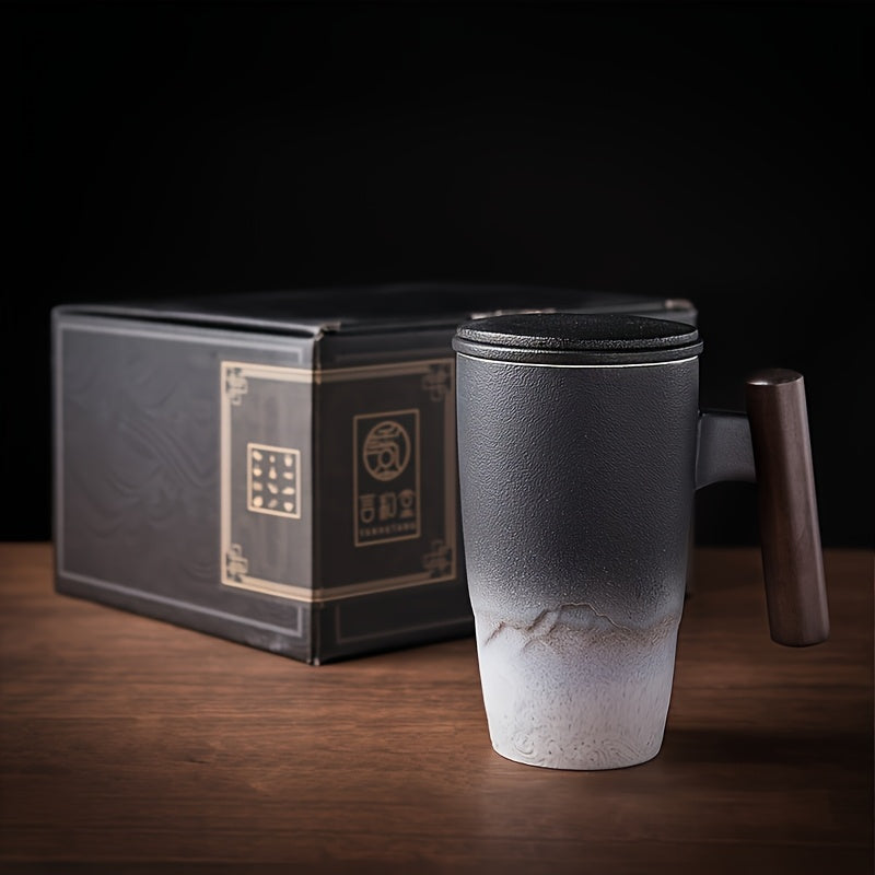Ceramic Tea Mug with Infuser and Lid Handmade Tea Cup Wooden Handle Loose Leaf Tea Mug UK US AU