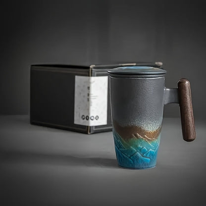 Ceramic Tea Mug with Infuser and Lid Handmade Tea Cup Wooden Handle Loose Leaf Tea Mug UK US AU