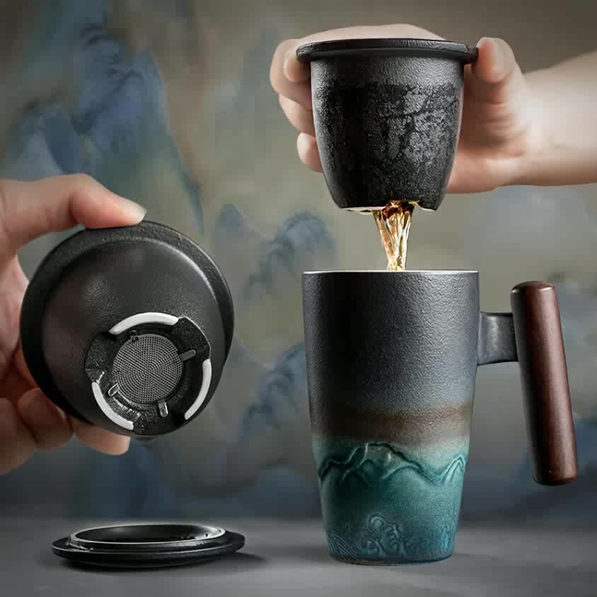 Ceramic Tea Mug with Infuser and Lid Handmade Tea Cup Wooden Handle Loose Leaf Tea Mug UK US AU