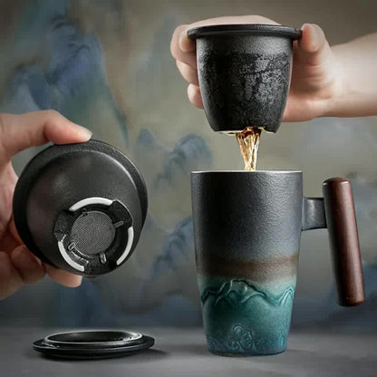 Ceramic Tea Mug with Infuser and Lid Handmade Tea Cup Wooden Handle Loose Leaf Tea Mug UK US AU