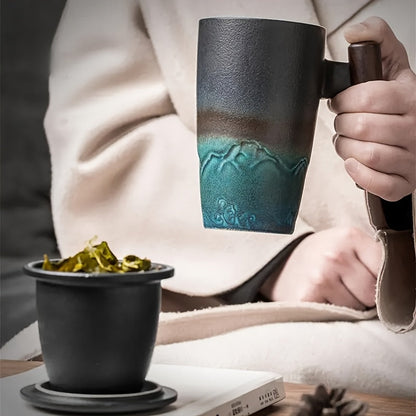 Ceramic Tea Mug with Infuser and Lid Handmade Tea Cup Wooden Handle Loose Leaf Tea Mug UK US AU