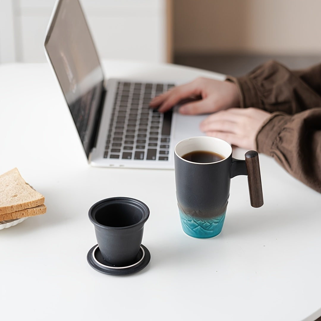 Ceramic Tea Mug with Infuser and Lid Handmade Tea Cup Wooden Handle Loose Leaf Tea Mug UK US AU