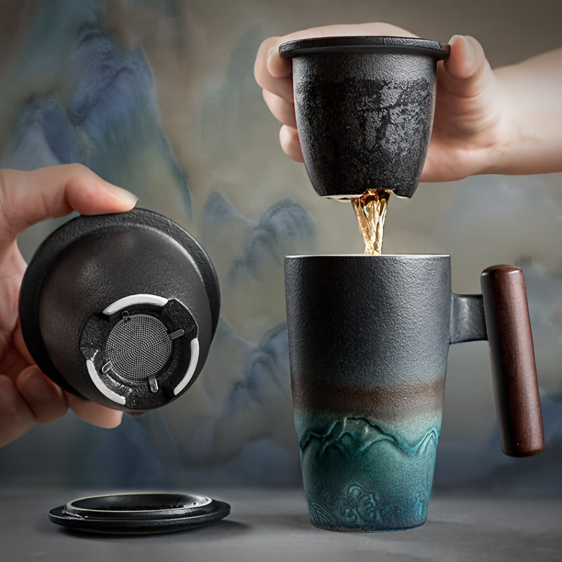Ceramic Tea Mug with Infuser and Lid Handmade Tea Cup Wooden Handle Loose Leaf Tea Mug UK US AU