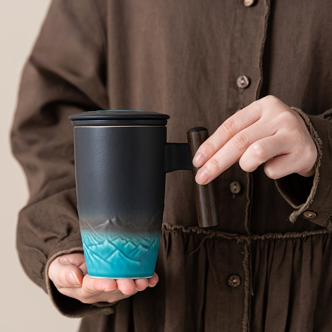 Ceramic Tea Mug with Infuser and Lid Handmade Tea Cup Wooden Handle Loose Leaf Tea Mug UK US AU
