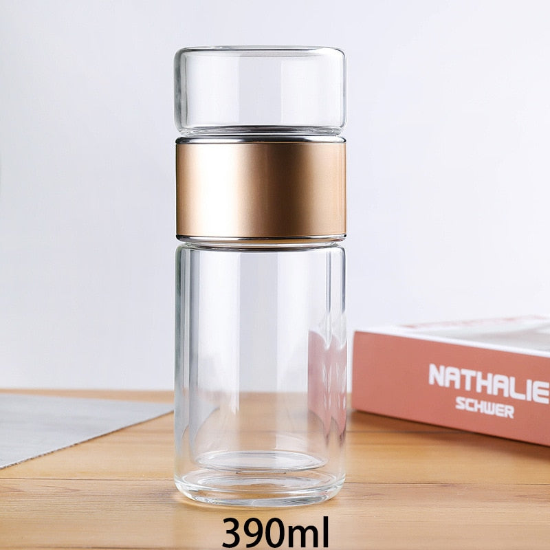 Double Wall Glass Tea Bottle Leakproof Travel Drink Flask