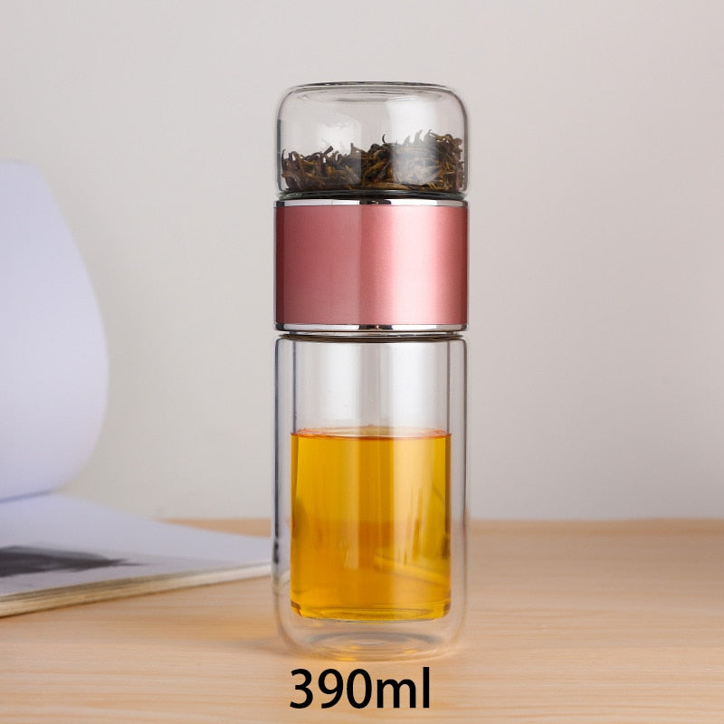 Double Wall Glass Tea Bottle Leakproof Travel Drink Flask