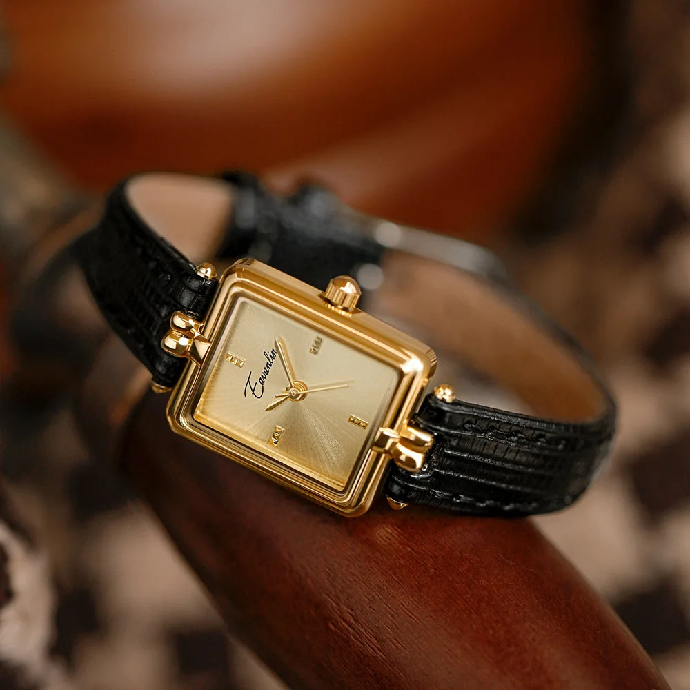 Elegant Quartz Watch Gold Dial Leather Strap Timepiece