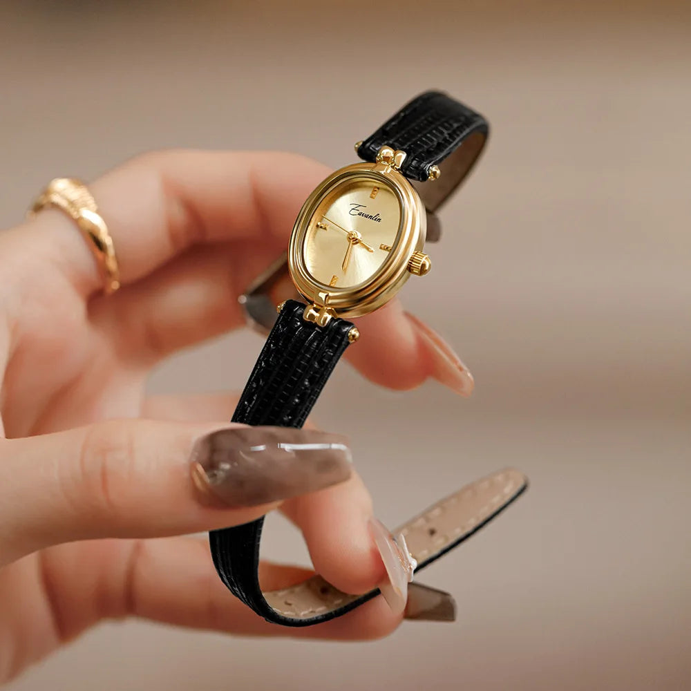 Elegant Quartz Watch Gold Dial Leather Strap Timepiece
