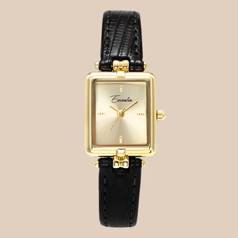Elegant Quartz Watch Gold Dial Leather Strap Timepiece