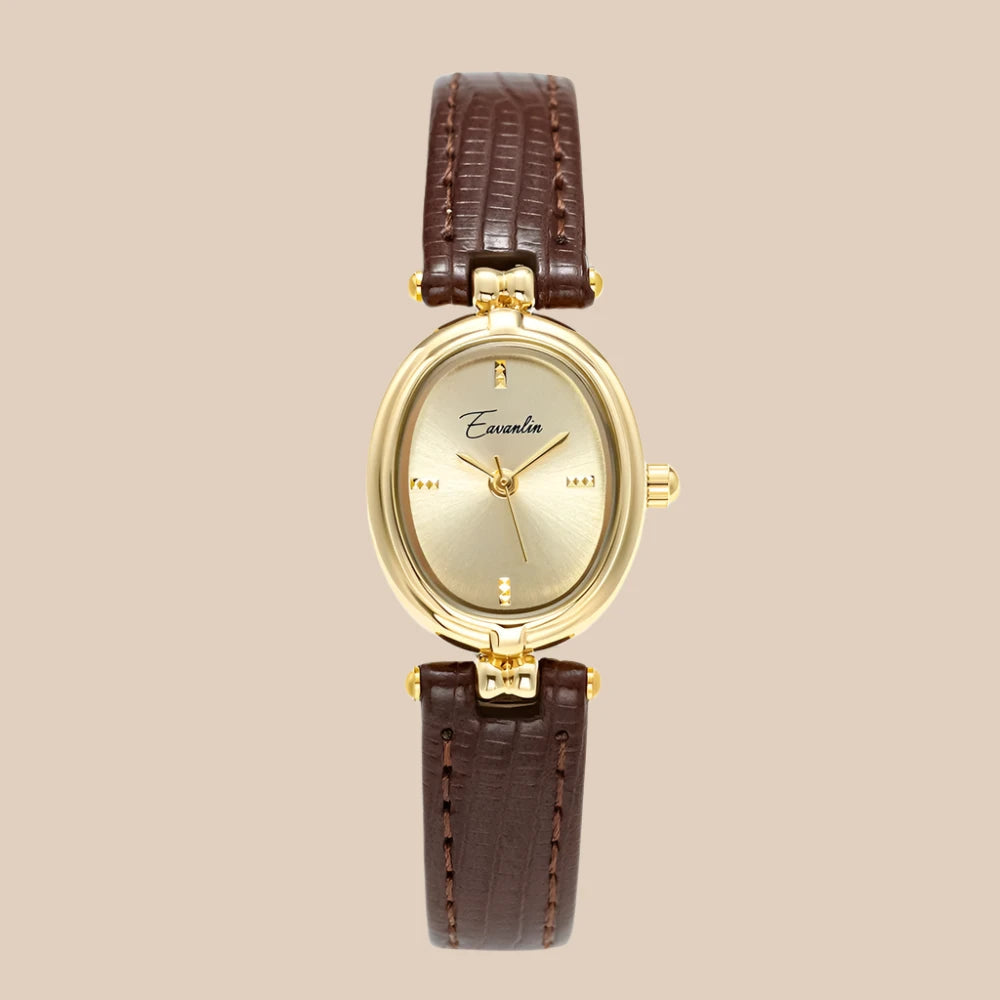 Elegant Quartz Watch Gold Dial Leather Strap Timepiece