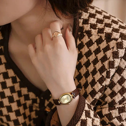 Elegant Quartz Watch Gold Dial Leather Strap Timepiece