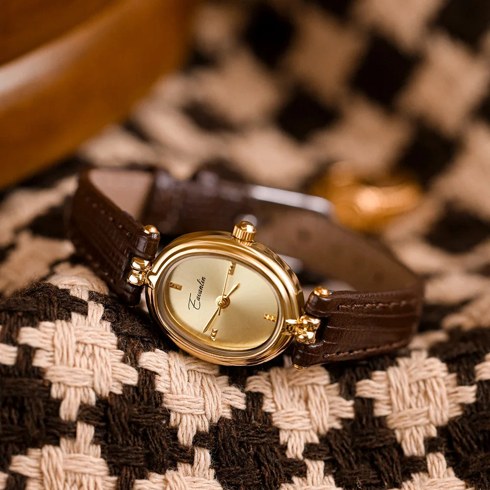 Elegant Quartz Watch Gold Dial Leather Strap Timepiece