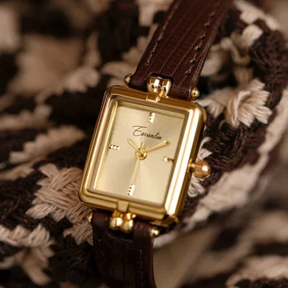 Elegant Quartz Watch Gold Dial Leather Strap Timepiece
