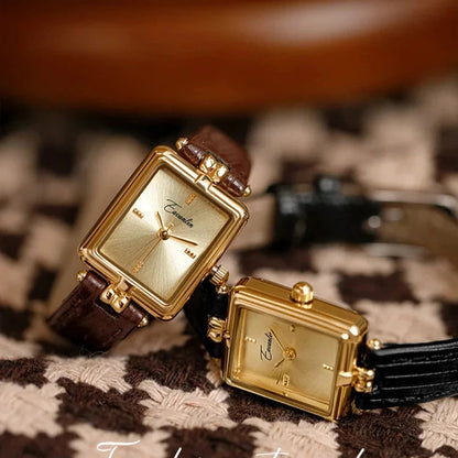 Elegant Quartz Watch Gold Dial Leather Strap Timepiece