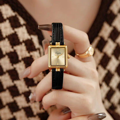 Elegant Quartz Watch Gold Dial Leather Strap Timepiece