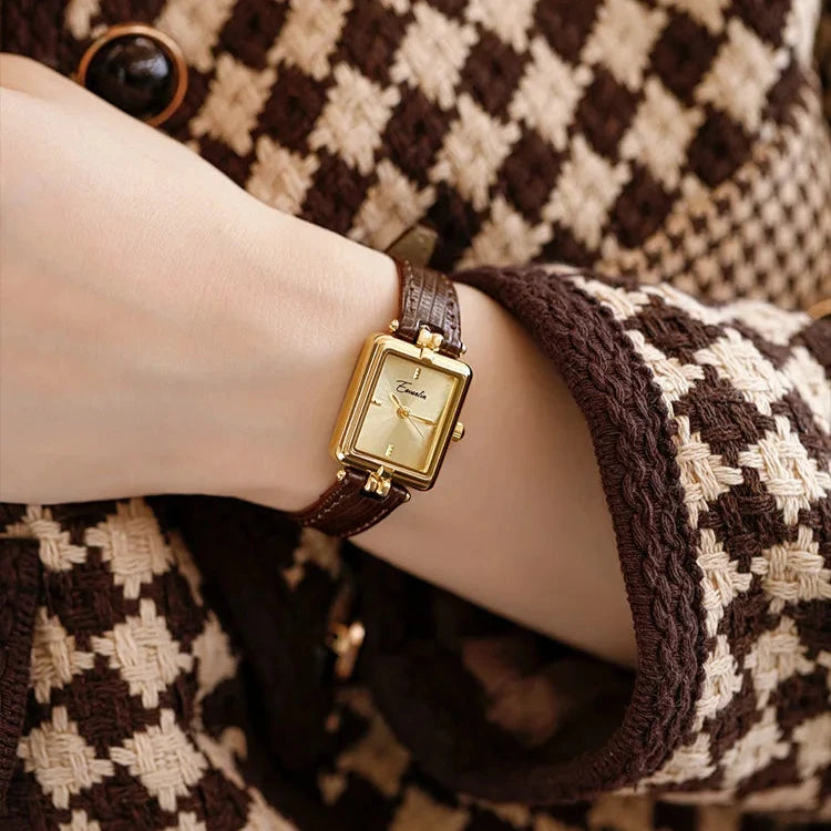 Elegant Quartz Watch Gold Dial Leather Strap Timepiece