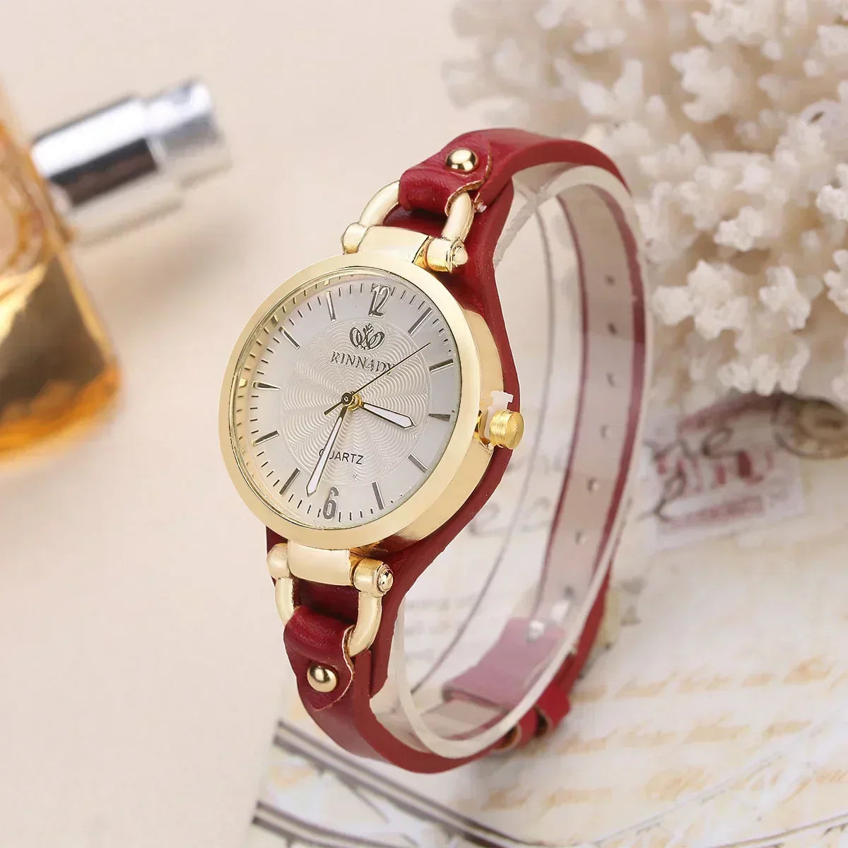Elegant Quartz Womens Watch Red Accent Leather Strap