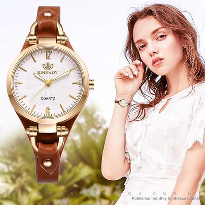 Elegant Quartz Womens Watch Red Accent Leather Strap