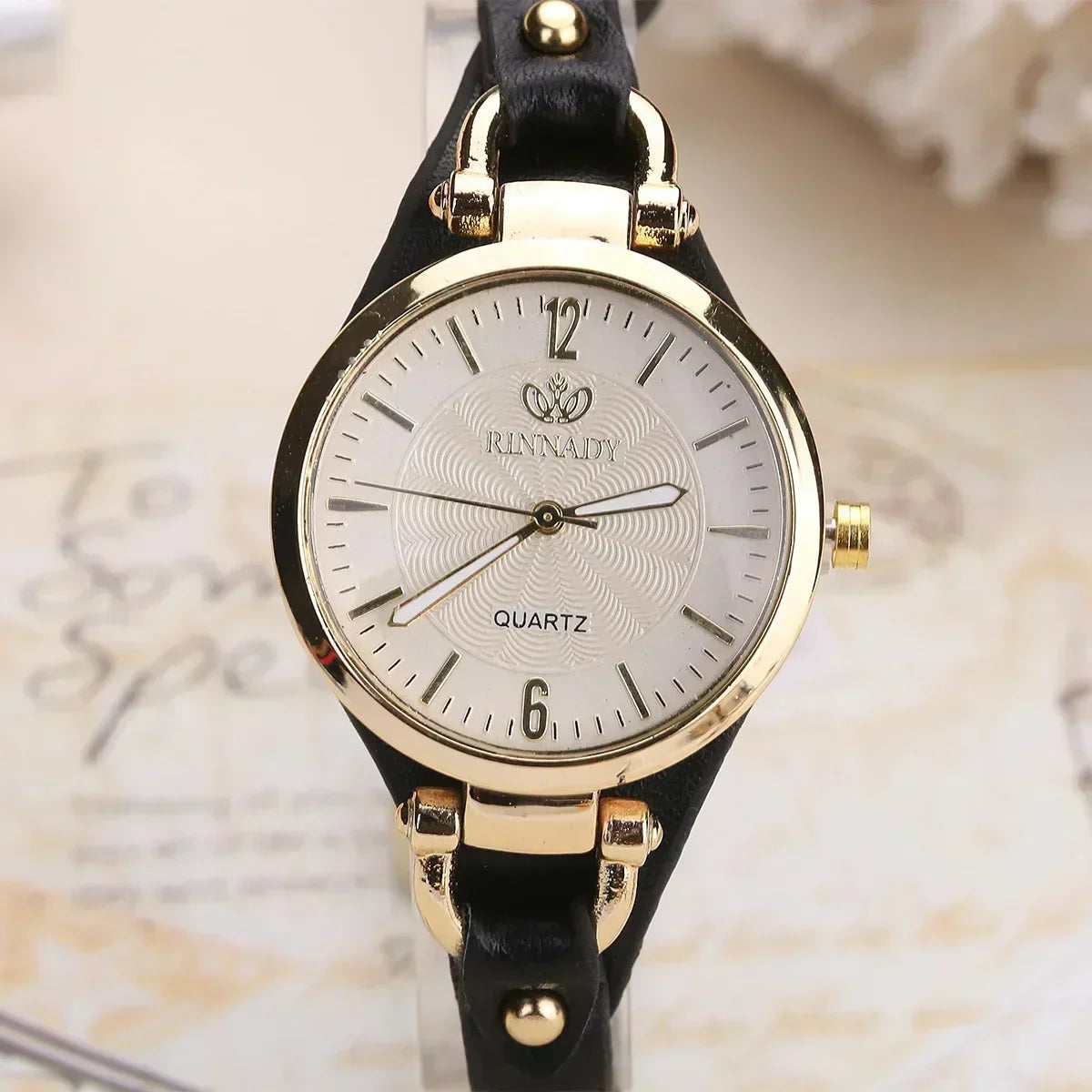 Elegant Quartz Womens Watch Red Accent Leather Strap
