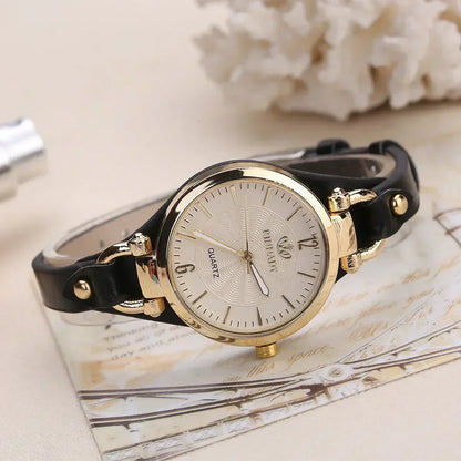 Elegant Quartz Womens Watch Red Accent Leather Strap