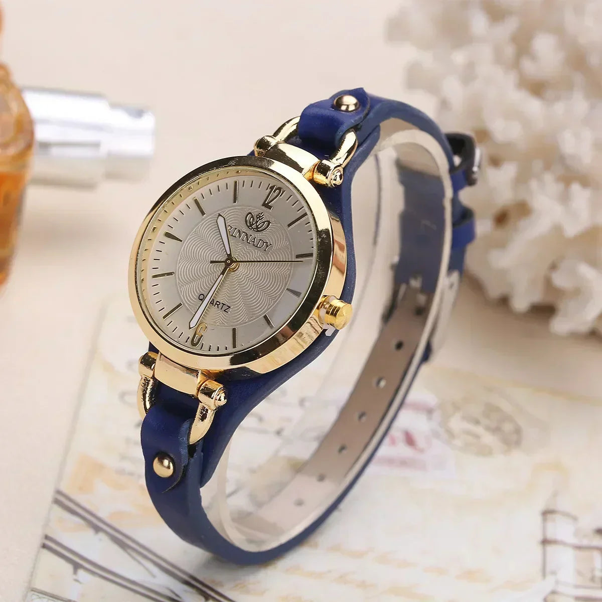 Elegant Quartz Womens Watch Red Accent Leather Strap