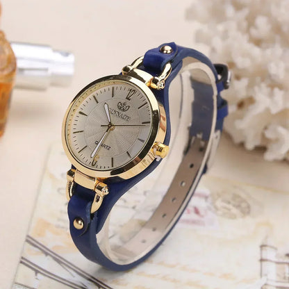 Elegant Quartz Womens Watch Red Accent Leather Strap