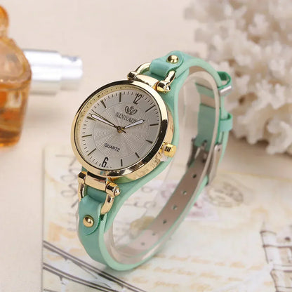 Elegant Quartz Womens Watch Red Accent Leather Strap